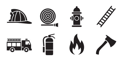 Fototapeta premium Firefighter equipment icons set featuring safety helmet hose hydrant ladder truck extinguisher flame.