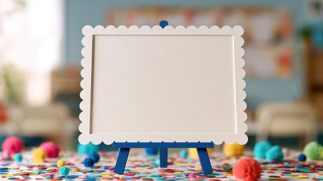 Blank scalloped white classroom sign on blue easel surrounded by colorful craft decorations