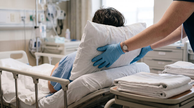 Gloved hands treating a patient arm resting on a hospital bed