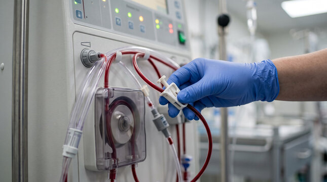Close view of dialysis machine tubing adjusted by gloved hands