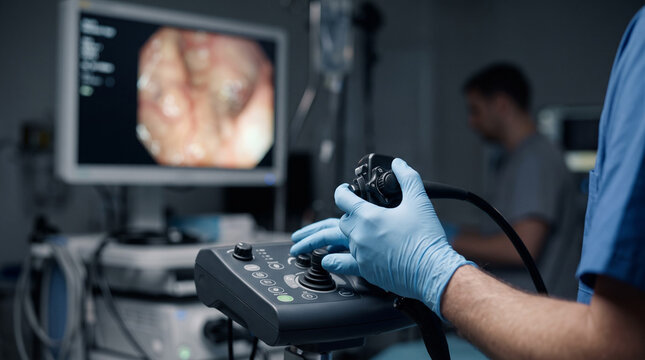 Clinician viewing an endoscopy monitor with gloved hands in a dim suite