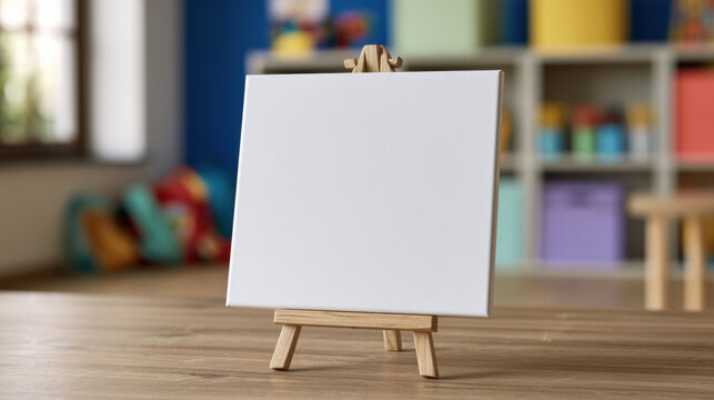 Blank white canvas on wooden easel in a colorful kindergarten classroom with copy space for educational message