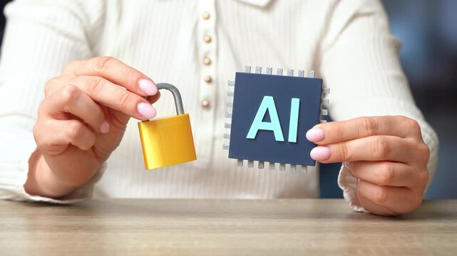 Artificial intelligence with a microchip and padlock represents data security. Technology integrity and protection. AI regulation, privacy, cybersecurity ensure reliability. Trust in digital systems