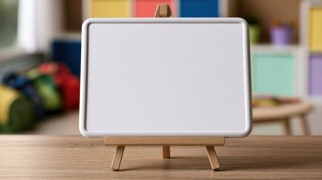 Blank white sign on wooden easel displayed on a classroom table with colorful blurred educational background
