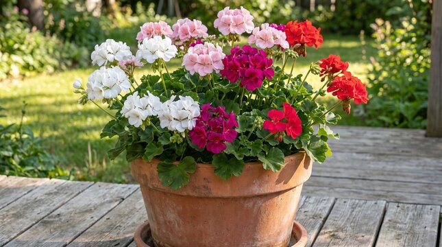 Vibrant Geranium Flowers Blooming in Terracotta Pot on Wooden Garden D