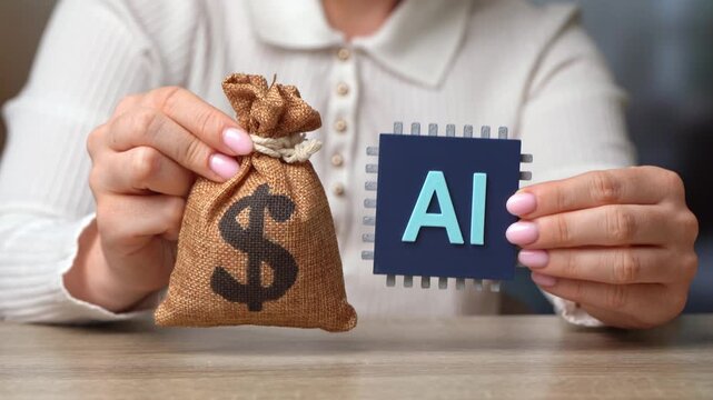 Woman holding AI chip and a dollar bag. Investments in AI technology. Increased revenue after integrating AI agents into work. Automation and fintech. Cloud computing scaling business profitability.