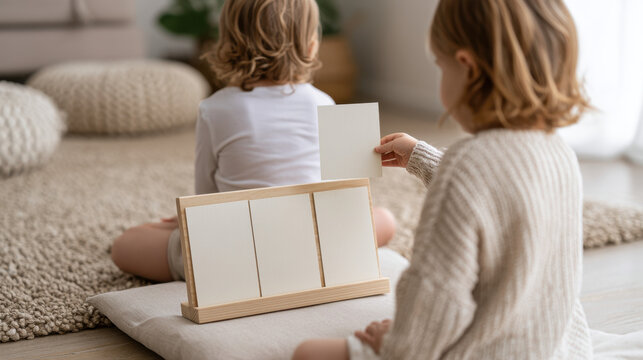 Young child holding a blank learning card beside a wooden card holder during a quiet educational activity at home