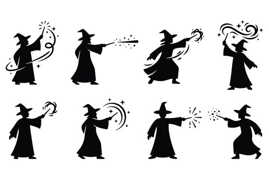 Wizard Casting Magic Wand Silhouette SetWizard Casting Magic Wand Silhouette Set