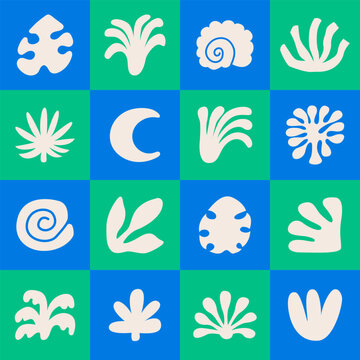 Geometric seamless pattern with silhouette organic shapes and plants. Vector flat checkered background with summer tropical leaves and seashells