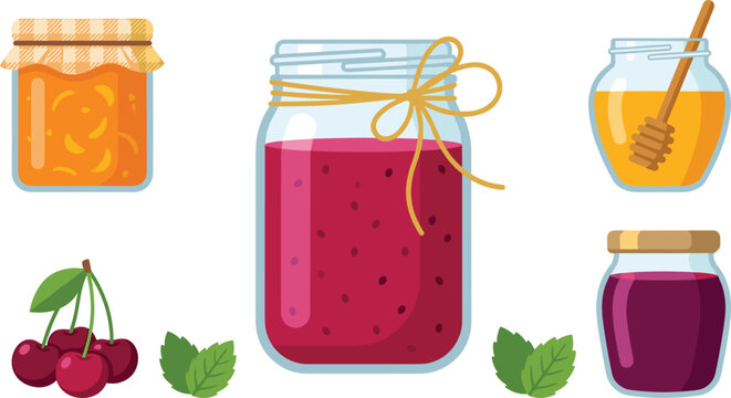 Homemade Fruit Jam Confiture and Honey Glass Jar Vector Illustration Set with Cherry, Orange Marmalade, and Mint Leaves for Organic Product Packaging Designs