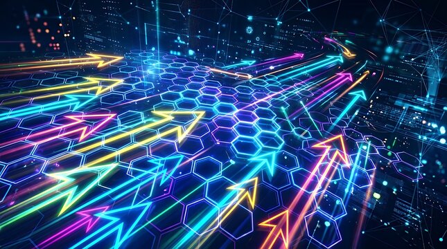 High Tech Cyberspace Motion Banner with Glowing Hexagonal Pattern and Vibrant Neon Directional Arrows high tech cyberspace motion banner glowing hexagonal pattern vibrant neon directional arrows