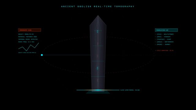Futuristic Digital Scan Interface Showing Ancient Obelisk Structure with Data Translation Overlay