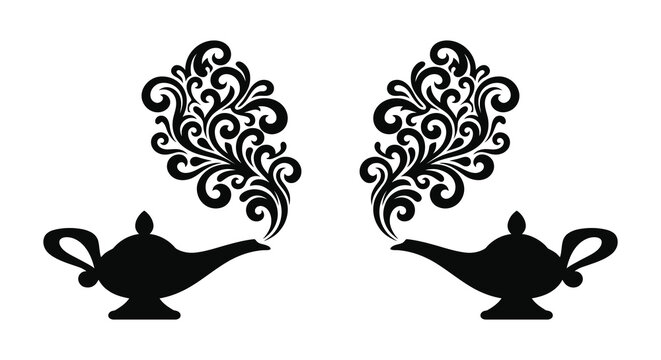 Two magic lamps with swirling smoke plumes black silhouette