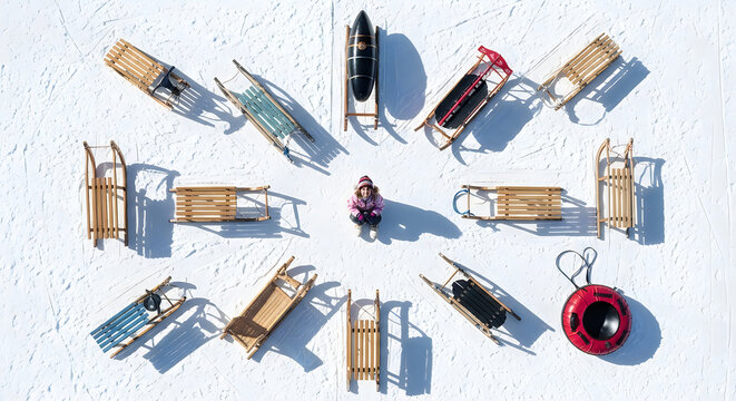 Child sitting in a circle of diverse winter sleds on white snow