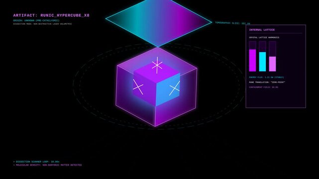 Futuristic Glowing Runic Cube HUD Interface with Digital Data Analytics and Scientific Hologram Display