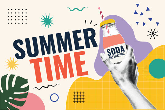 Halftone Pop Art Collage with Hand Holding Soda Bottle and Straw. Summer Time Typography with Tropical Leaf and Bold Geometric Shapes. Refreshing Drink Concept