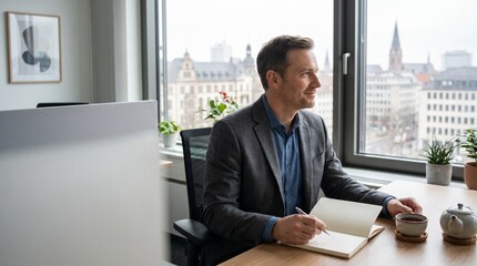 Fototapeta premium Businessman Writing in Notebook at Office Desk with City View