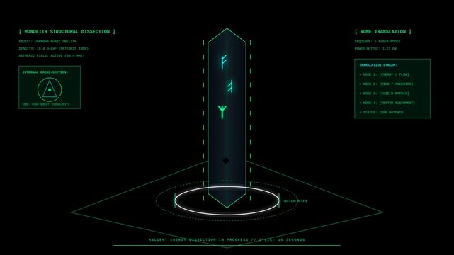 Futuristic Sci Fi Monolith Structural Dissection Interface Display with Energy Rune Translation