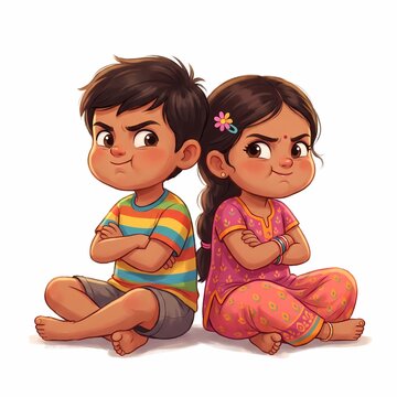 Cute Indian brother and sister cartoon illustration sitting back to back with grumpy expressions, perfect for playful Raksha Bandhan greeting cards and family blog posts.