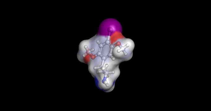 DOI (2,5-dimethoxy-4-iodoamphetamine), synthetic psychedelic phenethylamine and potent serotonin 5-HT2A/2C receptor agonist used in neuroscience research, 3D molecule spinning, 4K