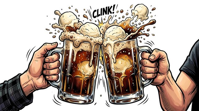 Two hands clinking glass mugs of root beer floats isolated on white background