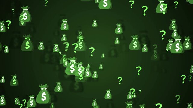 Dark background with scattered money bags and question marks, showing confusion risk and uncertain finance concept animation