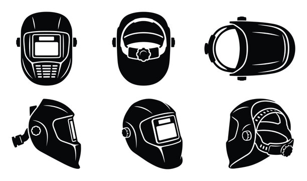 Welding mask helmet safety shield set, black white industrial protective gear, welder worker equipment, vector illustration