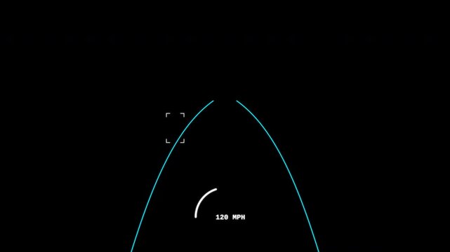 Futuristic heads up display showing speed on black background with graphic overlay.