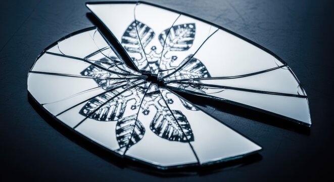 Shattered white plate with black leaf design on dark.