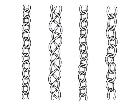 Set of silhouettes braids borders. Twisted Rope Decorative Elements. Barbed Wire black and white illustration. Barbwire hand drawn doodle. Intertwined Chain Link, Thorn, Spiral motifs Scribble Line. 
