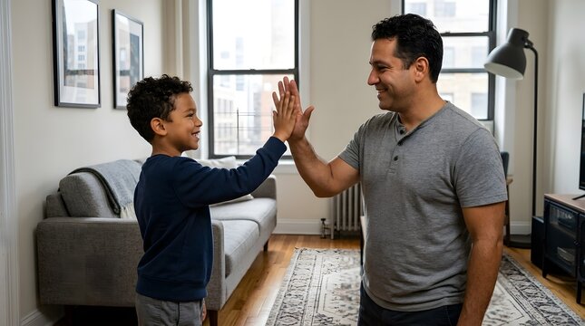 Father and son, high five and happy in living room with family bonding, success and pride at home. Hispanic man, boy and achievement together with parenting, love and victory in apartment house