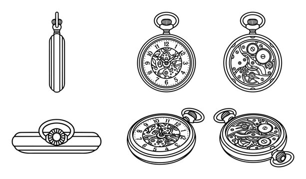 Pocket watch set, antique time mechanisms, clockwork design elements, steampunk accessories, line art