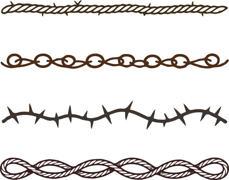 Set of silhouettes braids borders. Twisted Rope Decorative Elements. Barbed Wire black and white illustration. Barbwire hand drawn doodle. Elegant Spiral motifs. Intertwined Chain Link, Thorn