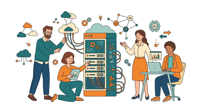 Diverse team of IT professionals working together on cloud server maintenance and data management.