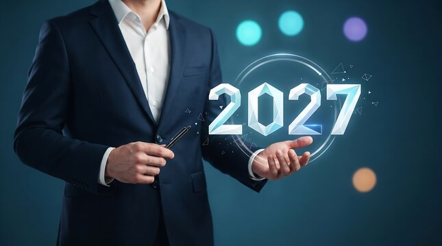 A sharply dressed business professional displays a luminous world globe highlighting the future year of two thousand twenty seven