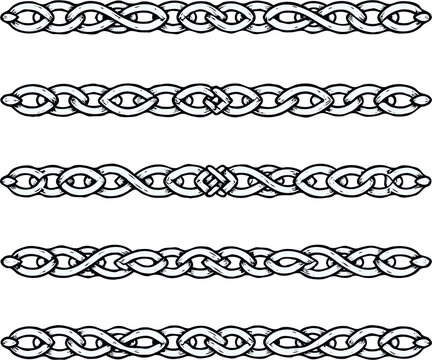 Set of silhouettes braids borders. Twisted Rope Decorative Elements. Barbed Wire black and white illustration. Barbwire hand drawn doodle. Elegant Spiral motifs. Intertwined Chain Link, Thorn