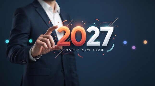 Professional businesswoman using a modern digital interface displaying future technology and the year two thousand twenty seven