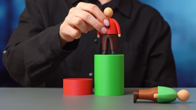 A businessman figurine knocks a competitor off the top spot and takes it. Business rivalry, competition, ambition, leadership, market dominance, and the pursuit of success.