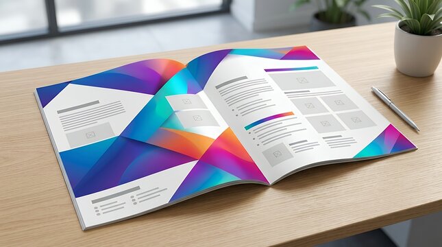 Modern corporate brochure template layout featuring abstract geometric diagonal folds with vibrant colorful fluid gradient design for business annual report cover flyer magazine presentation and