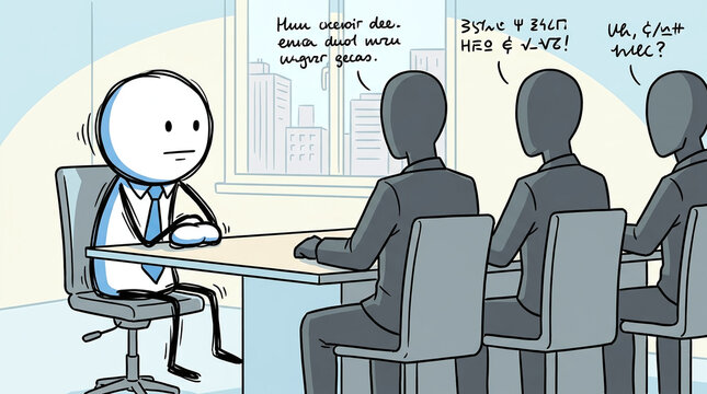 Job interview cartoon with candidate and panel of interviewers in office meeting room