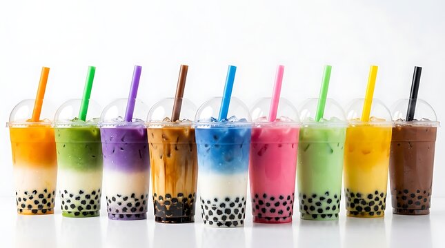 Row of colorful bubble tea drinks with tapioca pearls isolated on white background