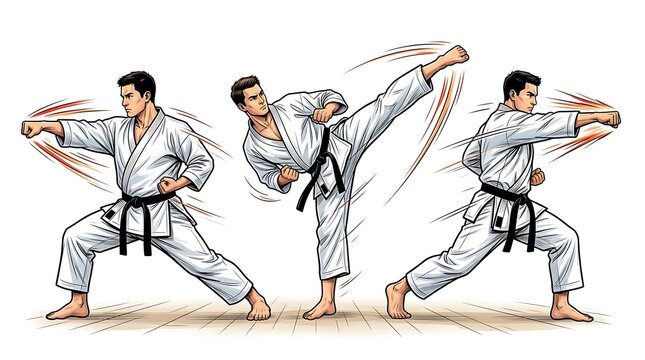 Set of karate martial arts fighter performing punches and a high kick isolated on white background