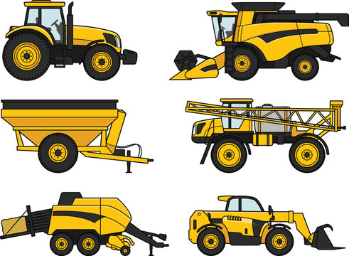 Yellow Agricultural Machinery Vector Set with Tractor Combine Harvester and Farm Equipment