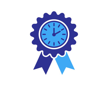 A blue award ribbon icon featuring a clock face in the center, symbolizing time management, efficiency, or quality assurance