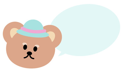 Fototapeta premium Teddy bear wearing a cap with text bubble for cartoon, comic, character, dialogue, chat box, fairy tale, speech, animal conversation, childhood, book, reading, back to school, kids, talking, sticker