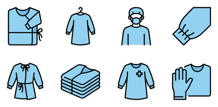 Medical gown set, blue black hospital apparel, health care, vector illustration