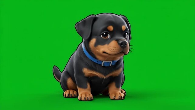 Cute Rottweiler puppy sitting on a vibrant green background, adorable dog with a blue collar.