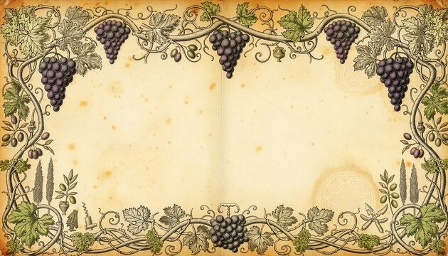 Rustic Italian vineyard ornament border on vintage paper