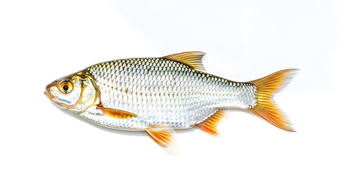 Common roach fish with silver scales isolated on white background