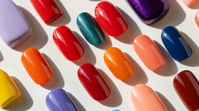 set of different fashion nail shapes displayed in bright even lighting, nail trend concept, beauty spa salon, manicure, colorful, bright, with copy space